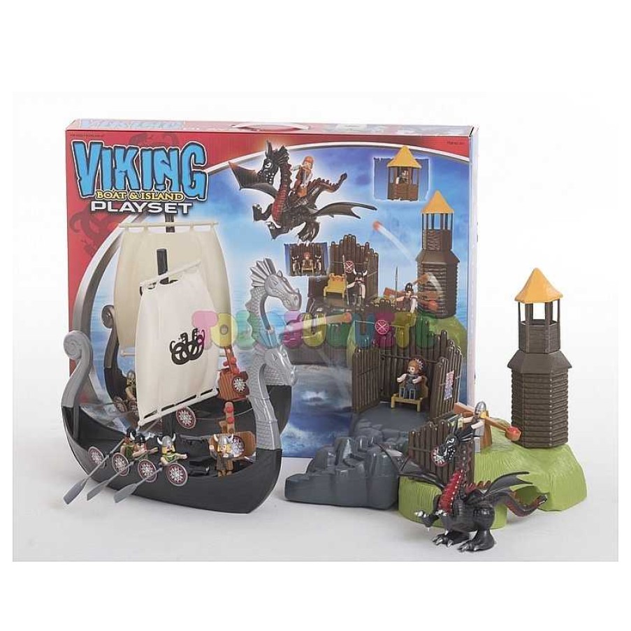 Personajes Y Accesorios Todojuguete | Barco Vikingo Con Isla Y Drag N Viking Playset